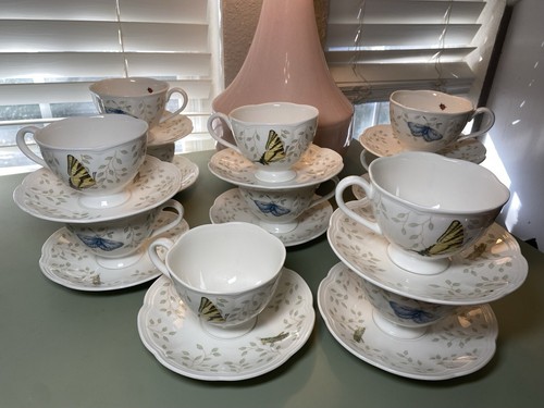 Set of 11 Lenox Butterfly Meadow Footed Coffee Tea Cups & Saucers-22 Pcs Total - Picture 3 of 17