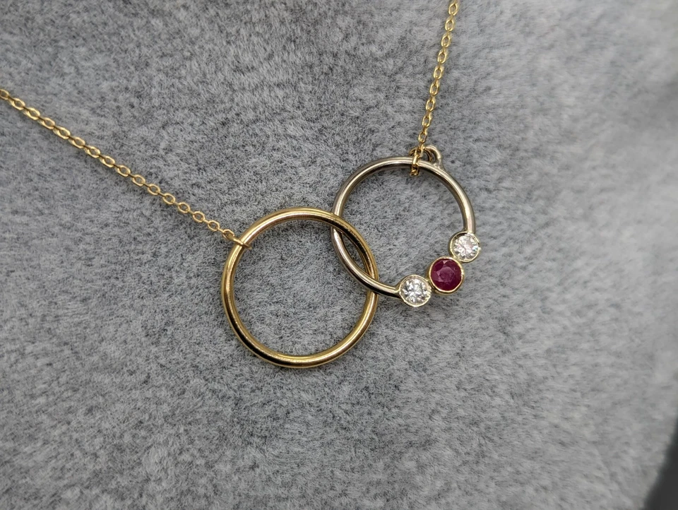 Custom 14K Gold Double Rings Necklace With Diamond & Ruby Or Birthstones - Image 4 of 4
