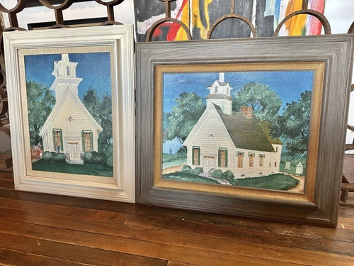 PAIR Folk Art VIENNA METHODIST CHURCH Oil On Board CLIO MICHIGAN Pastor Orling