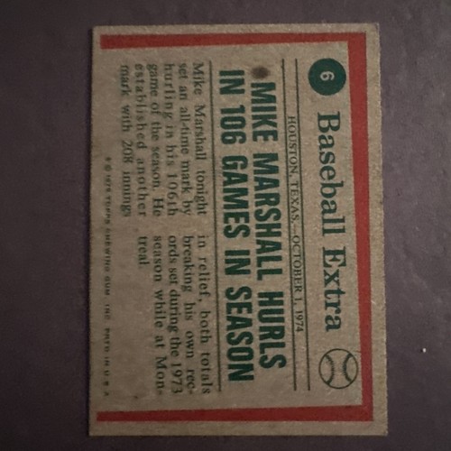 1975 TOPPS BASEBALL CARD #6, MIKE MARSHALL DODGERS 74 HIGHLIGHTS - Picture 2 of 2