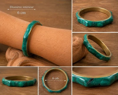 Bracelet jonc vintage en laiton et mosaïque de malachite verte, style ethnique - Photo 1/4