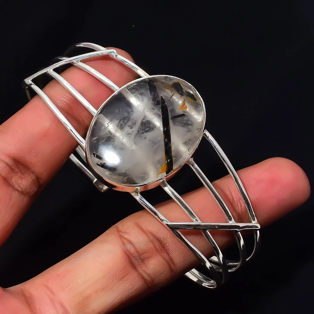 Black Rutile Gemstone 925 Sterling Silver Handmade Bangle Jewelry Gift For Her