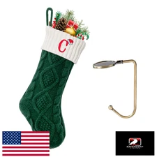 VRFASHION Initial C Embroidered Christmas Stocking 18" Knitted Green White Xmas