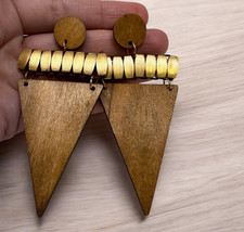 Handmade Wooden Triangle Earrings with Gold Beads  3" Lightweight Dangle Stud