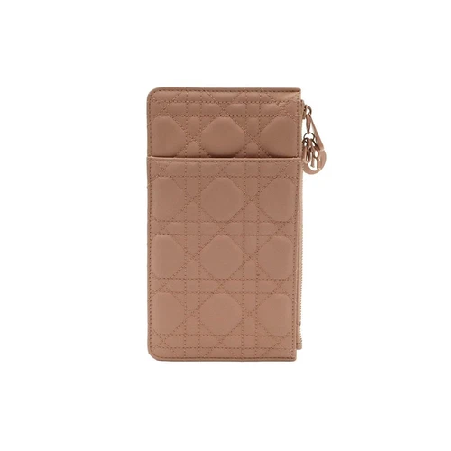 Portefeuille long zippé femme veau cannage ultra mat Dior en rose indépendant