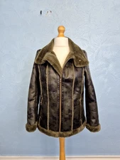 Mona Faux Shearling Coat Womens Size 14 Aviator Jacket Full Zip Biker Faux Fur