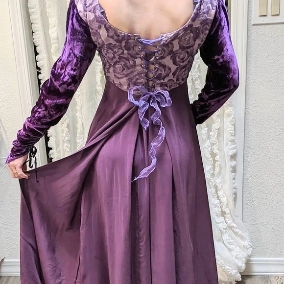 open lace back dress Purple Tiered Ruffled Floral Print Princess Dress Puffed Sleeve Vintag   vigocouture
