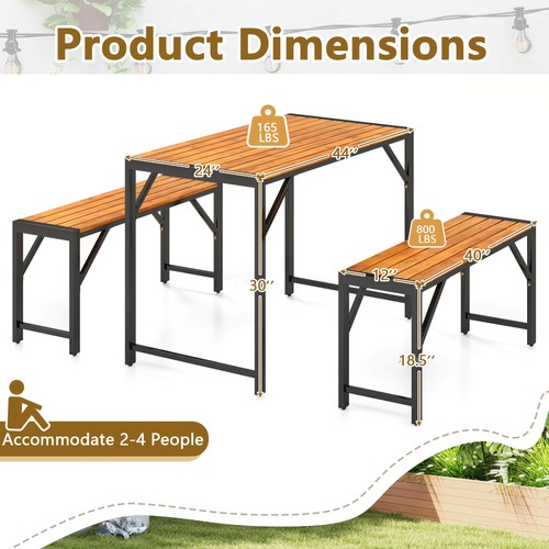 3 PCS Dining Set for 4 People Outdoor Picnic Table & 2 Benches w/ Metal Frame - Picture 3 of 10