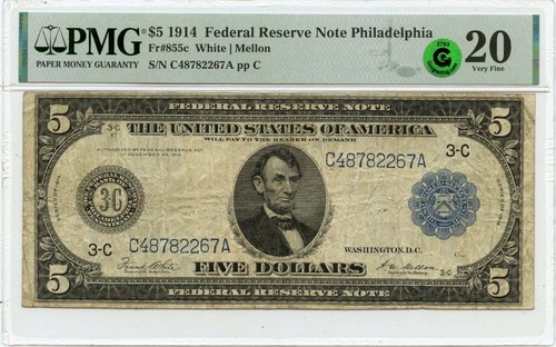1914 $5 Federal Reserve Note Philadelphia Fr# 855a PMG VF20 GCC Green