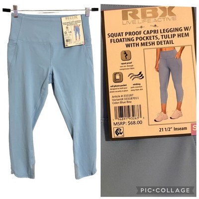 New RBX Light Blue Capri Leggings with Mesh Detail, Floating Pockets Women s S 