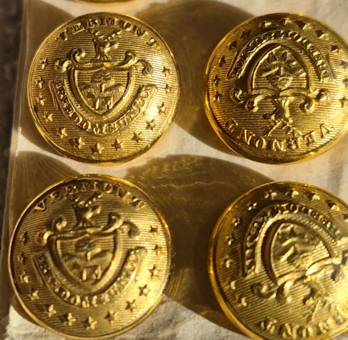 7 CIVIL WAR ERA BRASS BUTTONS VERMONT SEAL FREEDOM & UNITY 14mm UNIFORM CUFF