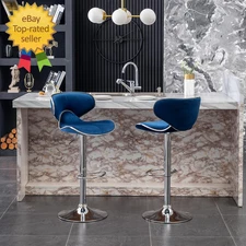 The Masaccio Velvet Upholstered Adjustable Swivel Barstool Set of 2 Blue