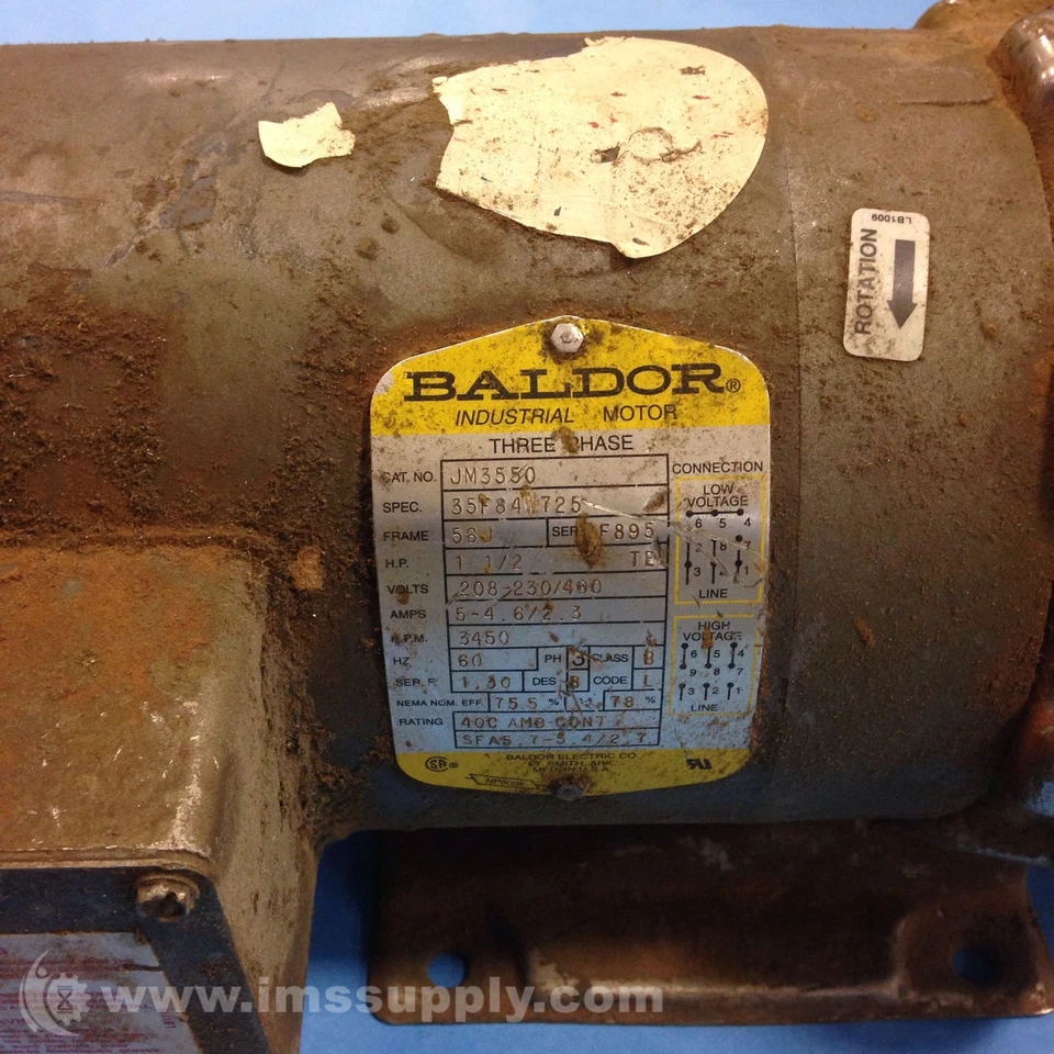 Baldor 35F84W725 Industrial Motor 1.5HP 3 Phase 3450RPM FPOR - Image 2 of 4