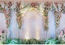 Wedding 10x8ft White Stage Curtain Pink Rose Flower Photo Backdrop Studio