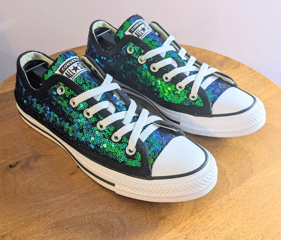 Camisetas bajas Converse 9 All Star para mujer diseño de lentejuelas azules y verdes personalizadas Foto 3 de 4