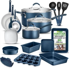 NutriChef Professional 20 Pc Kitchen Set in Navy Blue - Durable Non-Stick Pot...