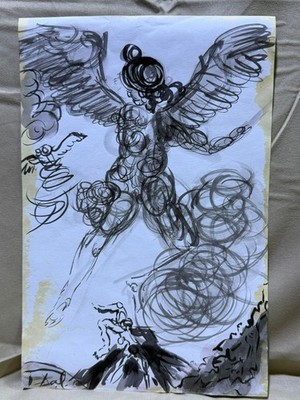 SALVADOR DALI drawing and painting on old paper signed stamped vintage