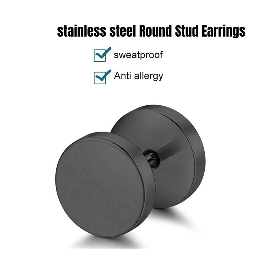 Pair Flat Round Barbell Plug Stud Earrings Surgical Stainless Steel Mens Unisex - image 3 of 4