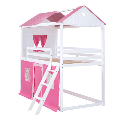 Solid Wood House Bunk Bed with Tent Window Kids Loft Bunk Bed Platform Bed Frame - Picture 14 of 44
