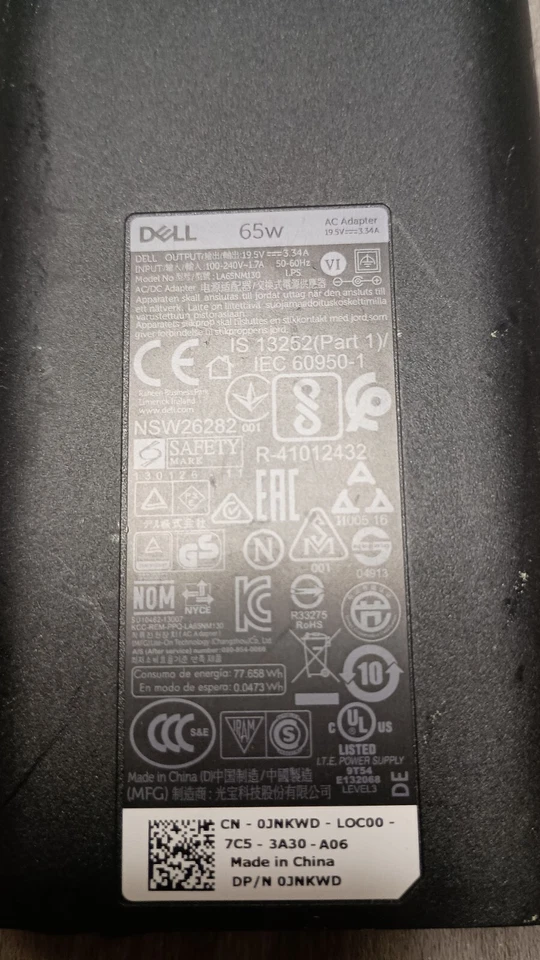 Cargador adaptador de corriente alterna original Dell Latitude 65W LA65NM130 3480 3488 7480 7490 Foto 2 de 4