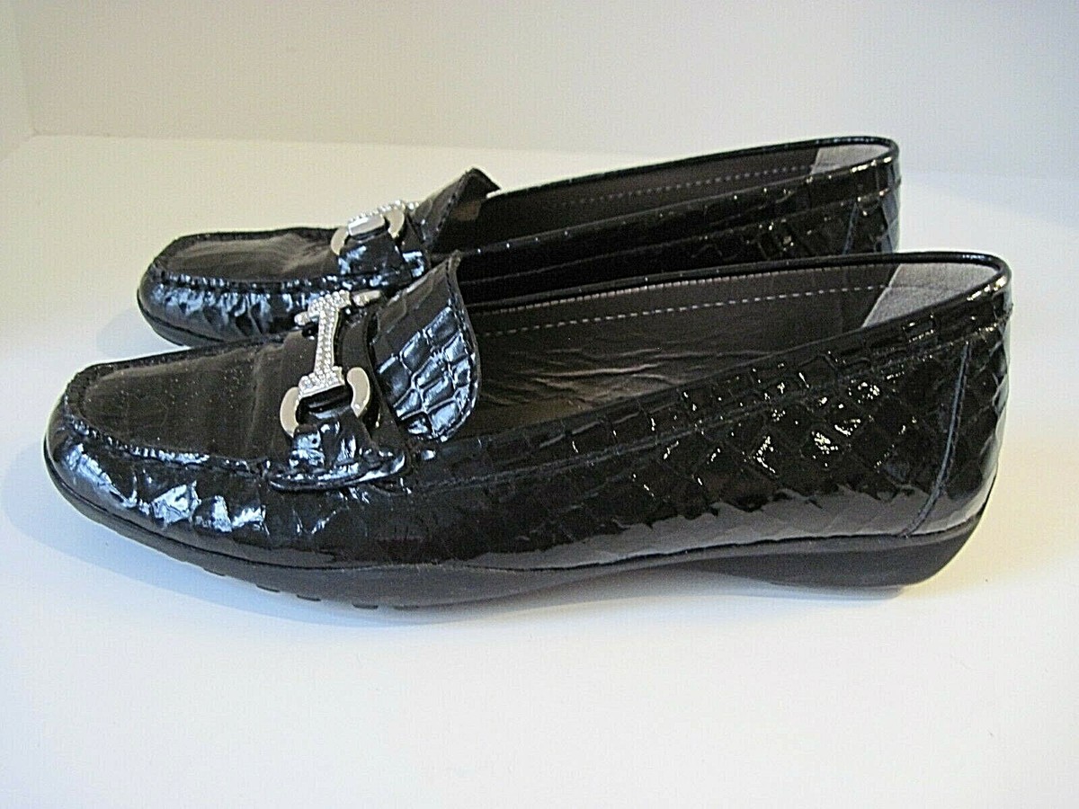 GEOX Respira Black Patent Snake Leather Jeweled Horse Bit Driving 