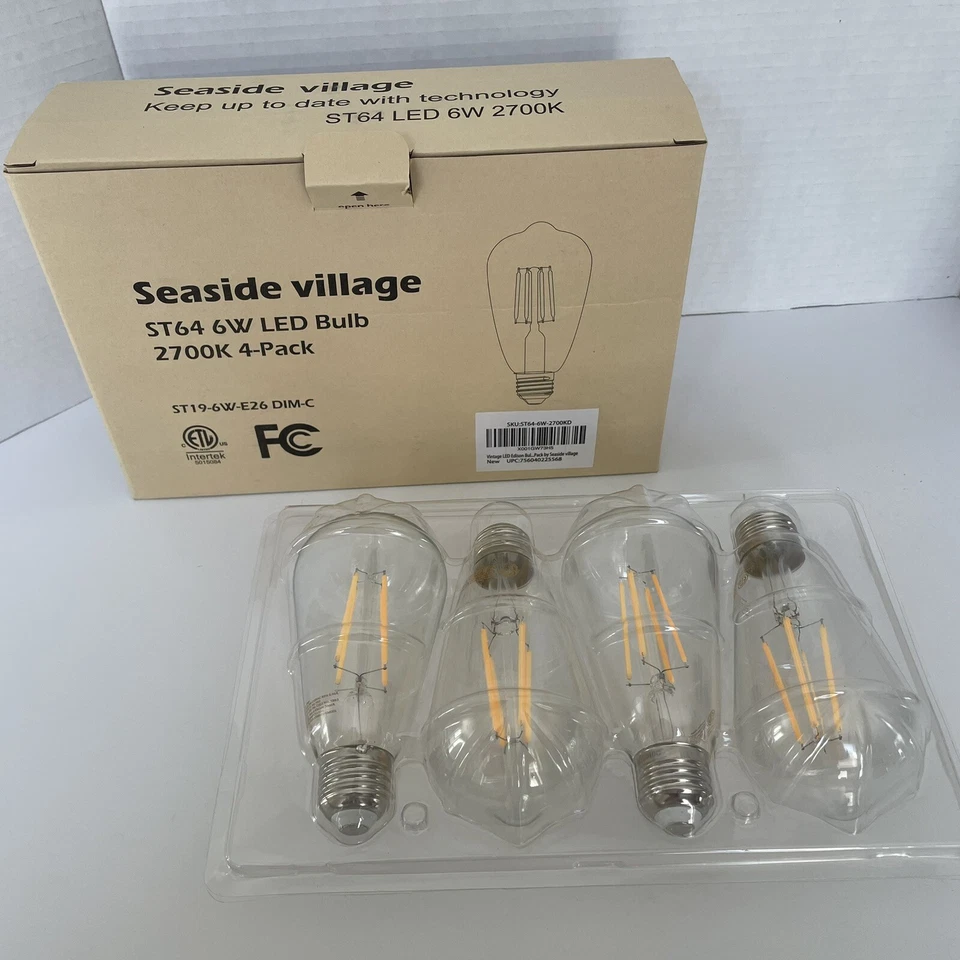 LED Dimmable VTG Edison Bulb Seaside Village ST64 6W Warm 2700K "4-Pack" NIB - Image 2 of 4
