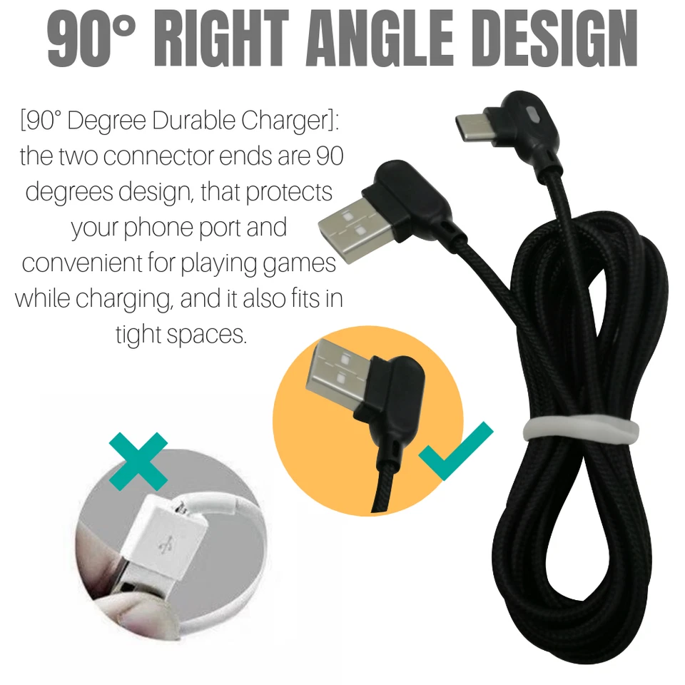 5X 90 Degree Right Angle USB-A to C Cable Type C Cord For Samsung iPhone 15 16 - Image 4 of 4