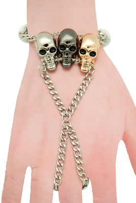 Women Bracelet Silver Metal Hand Chain Skeleton Skull Charms Jewelry Slave Ring