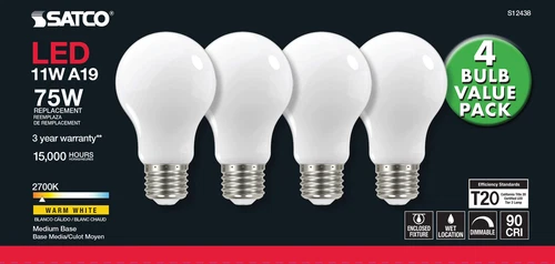 4 Pack LED Solid White Filament Bulbs 120V 11W =75W A19 Medium E26 2700K Warm - Picture 8 of 9