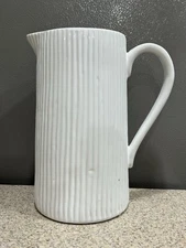 9”x5” White Ceramic Ribbed Pitcher or Vase Decor Unmarked in EUC