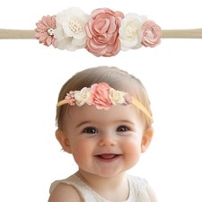 Baby Girl Floral Headbands Elastic Nylon Flower Beads Hairbands Fabric Leaves...