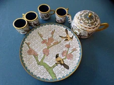 6PC MINIATURE CERAMIC TEA SET COLORFUL CIRCLES ON WHITE