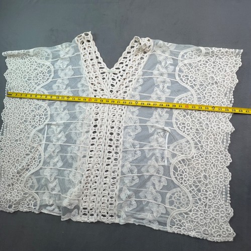 Belle France Top Women L White Crochet Boho Lace Mesh Cottage Poncho Cardigan - Picture 8 of 14