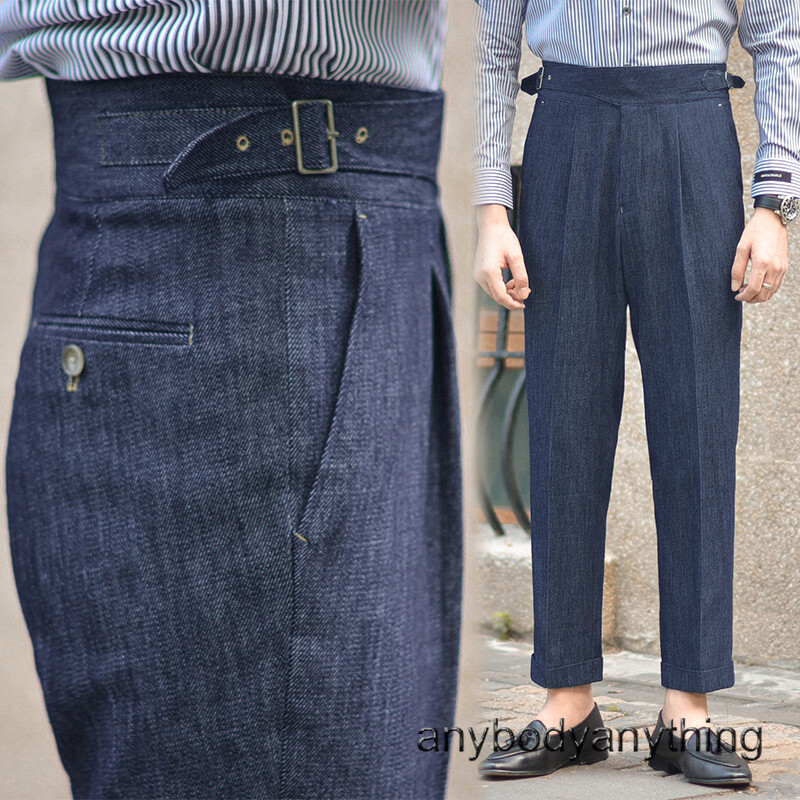 Men Retro Gurkha Denim Pants Straight Business High Waist Naples Casual ...