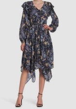 310 Walter Baker Women's Blue V-Neck Long Sleeve Paisley Midi Dress Size 0