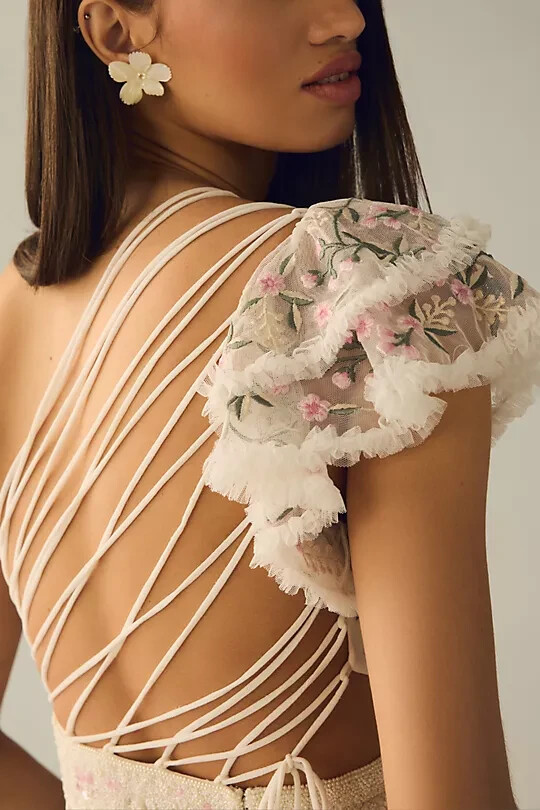 【MACDUGGAL】マックダガル ワンショルダー刺繍アップリケガウン Blue Embroidered Applique Feathered One Shoulder Trumpet