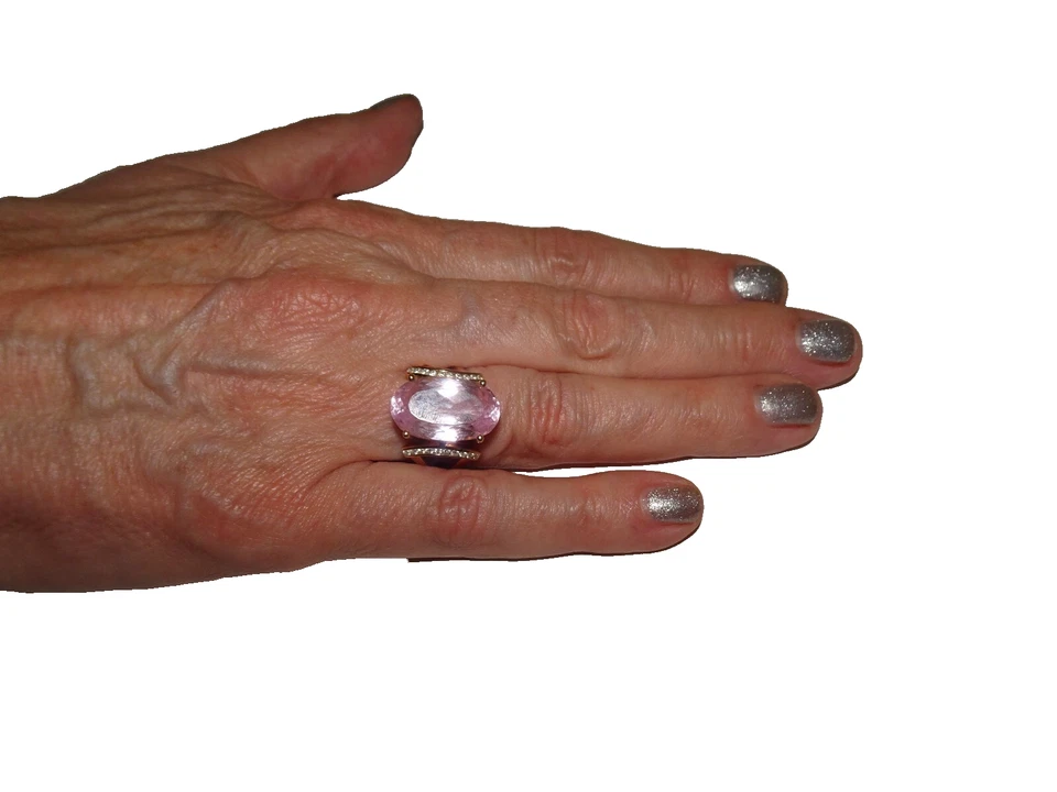 ANILLO GRANDE 10 QUILATES PLUS FACETADO OVALADO ROSA KUNCITA/DIAMANTE ORO 14K Foto 4 de 4