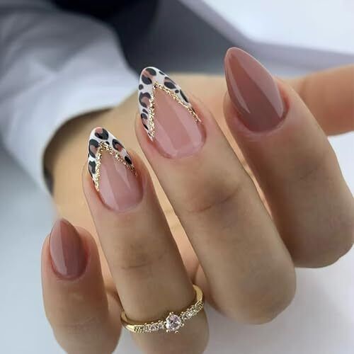Fall Leopard French Tip Press on Nails Short Almond Fake Nails with Gold - Bild 1 von 7