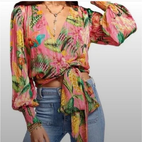 Ramy Brook Women's Quentin Printed Wrap Metallic Bell Sleeve Top XXS NWT 395 - Picture 7 of 14