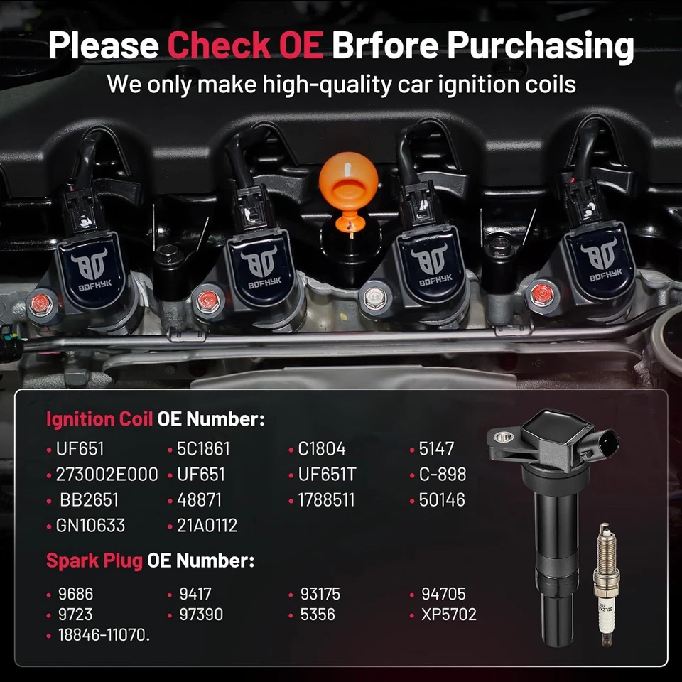 Paquete de 4 bobinas de encendido UF651 y bujía de iridio para Hyundai Tucson 2014-2019 Foto 4 de 4