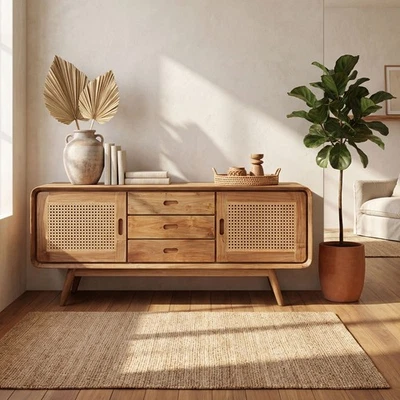 Sideboard Teakholz Rattan 150cm Kommode Retro Boho Unikat Indonesien Massiv - Bild 1 von 4