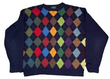 Vintage 90s Club Room 100 Shetland Wool Sweater Pullover Mens L Argyle Colorful