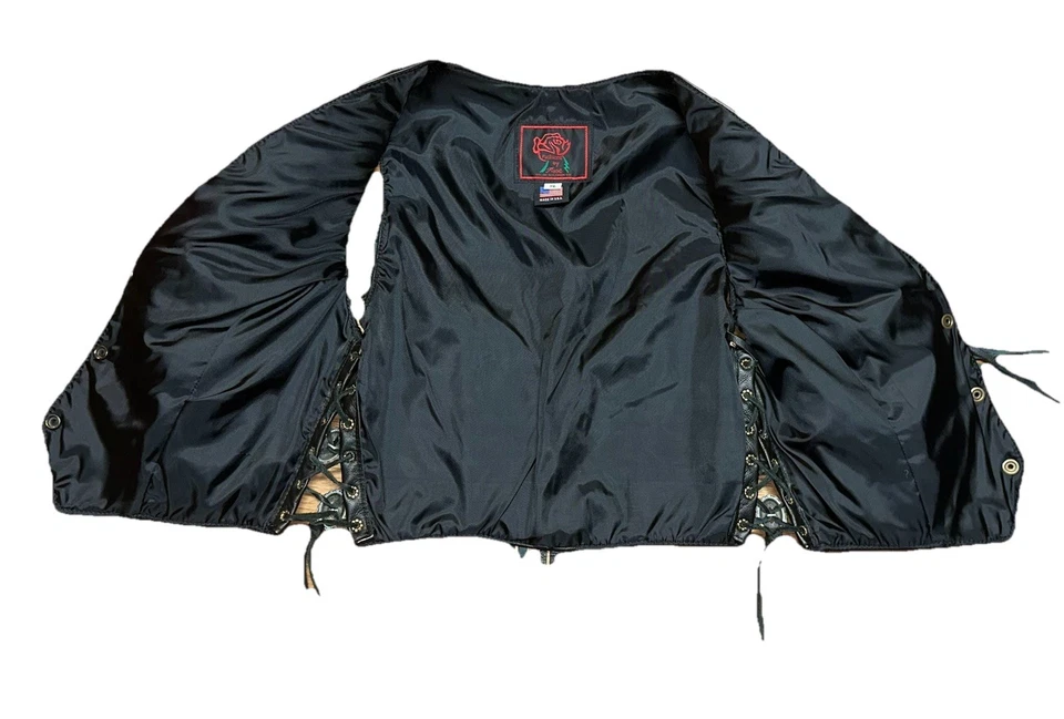 VTG 90s Fashions By Rose Black Leather Biker Vest Womans Side Laces/Fringe USA - Image 4 of 4