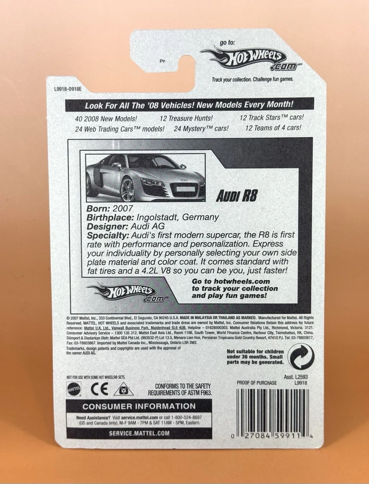 Hot Wheels 2008 Nuevos Modelos AUDI R8 (lote de 2) Negro y Metal Flake Negro 03/40 Foto 4 de 4