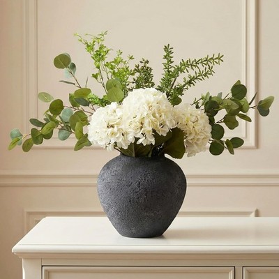 Faux Arrangement - Eucalyptus & White Hydrangea Flowers, Large Artificial Flo...