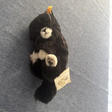 Stiff Kitten Laying On Side Cat Plush Black And White 074868 w/ Ear Button