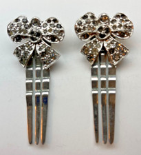 Pair of Silver Tone Marcasite Style Hair Bow Comb Clip Barrettes