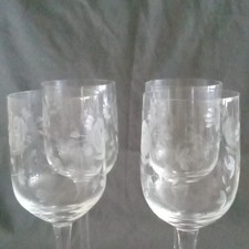 Set of 4 Clear Stemmed Glass White Wine Glasses, Etched Floral, Cold