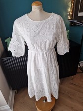 Broderie Anglais White Lined Dress, Cotton Outer Polyester Lining