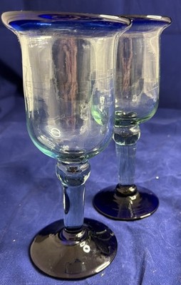 2~Hand-Blown, Stemmed Cobalt Blue Rim & Base, Wine/Water Goblets From Mexico EUC